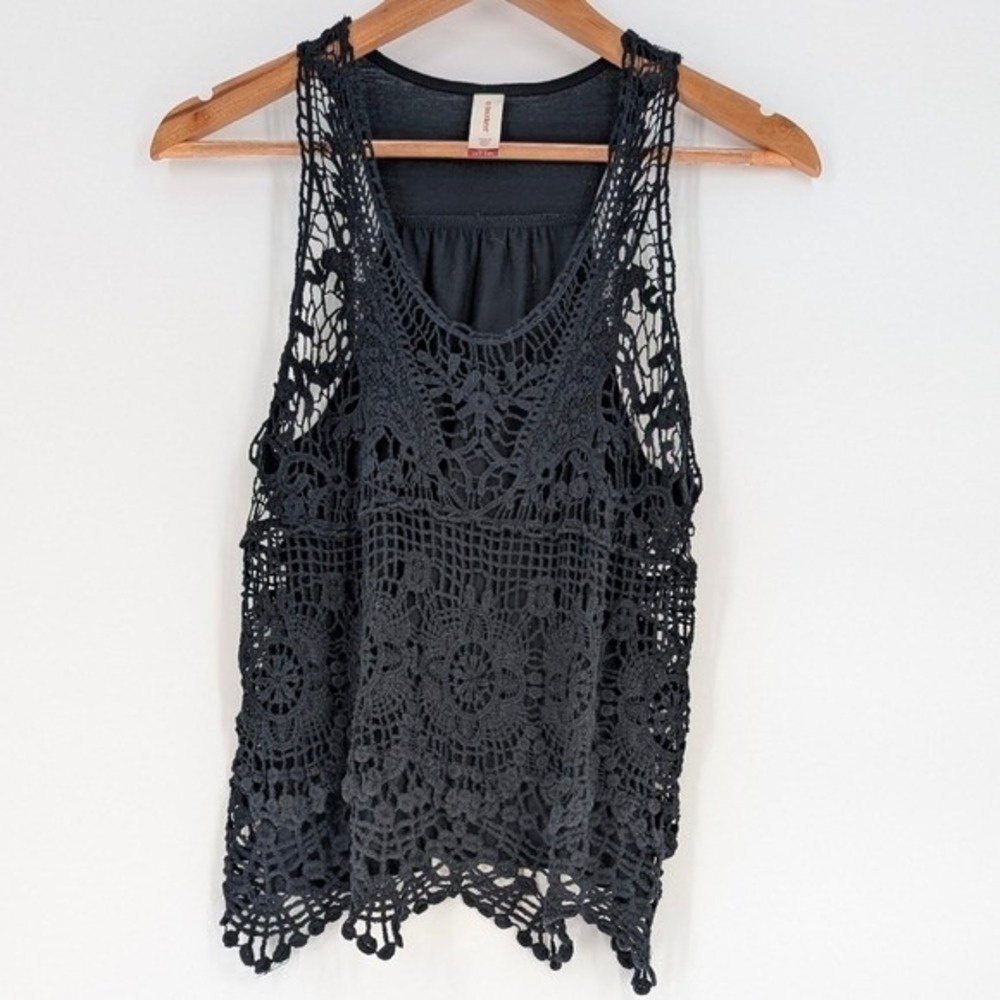 No Boundaries Womens Black Crochet Lace Sleeveless Tank Top Large 11-13